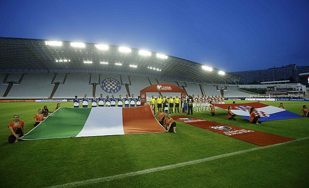 Italy and Croatia players listen their national anthems before their Euro 2016 Group H qualifying soccer at the Poljud Stadium in Split, Croatia, June 12, 2015. REUTERS/Antonio Bronic